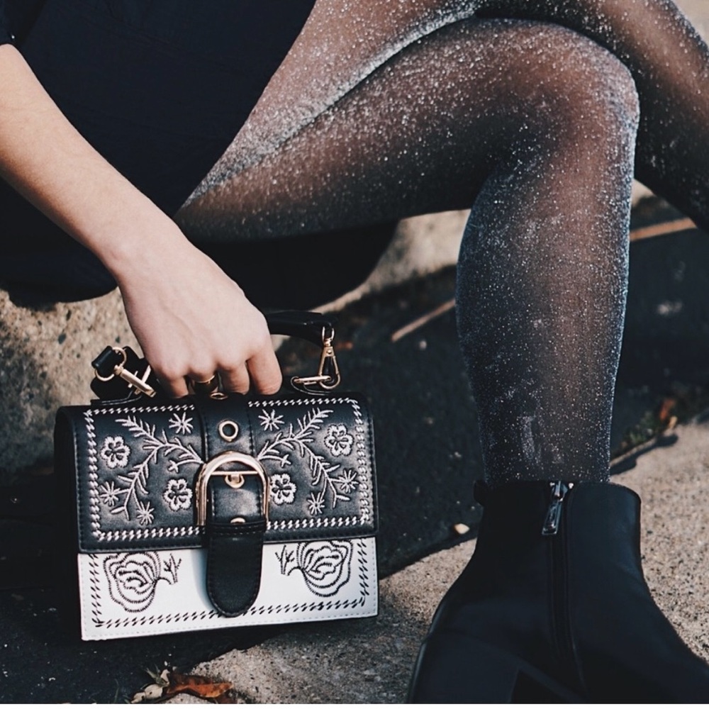 Black and white embroidered bag